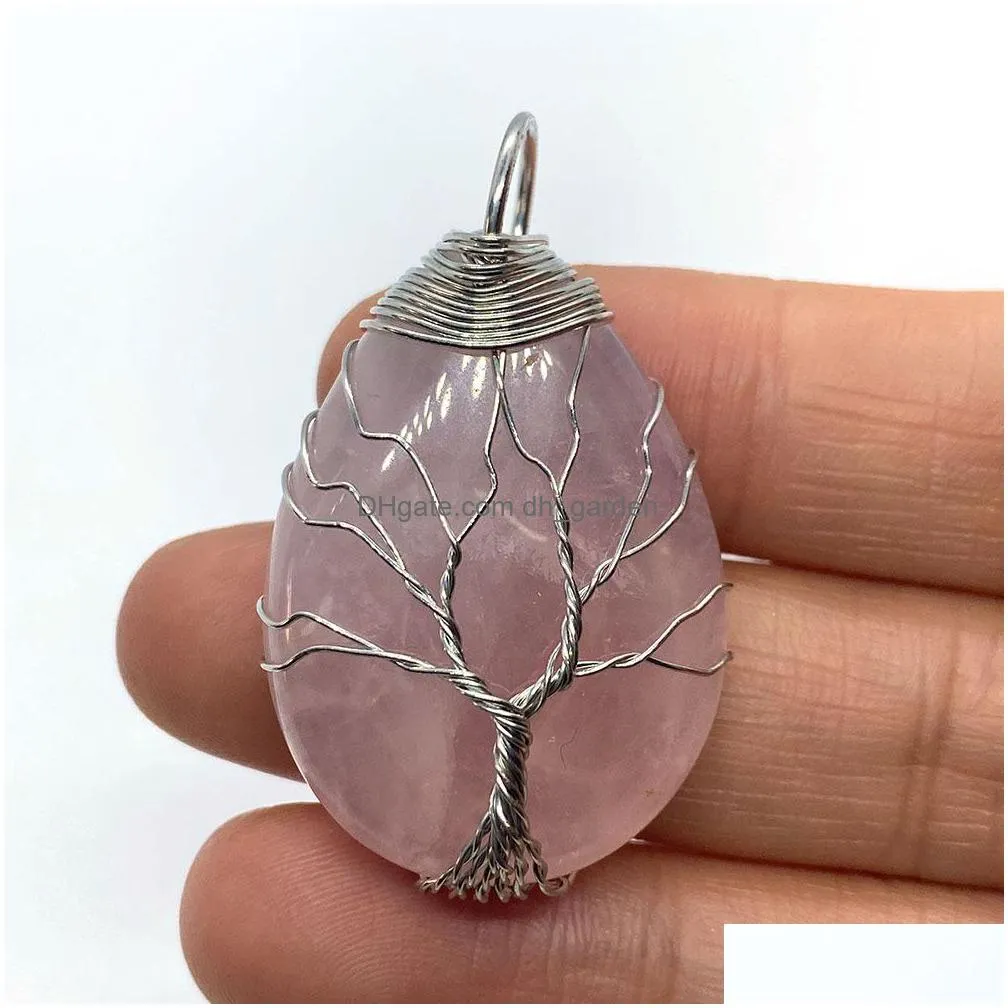 tree wire wrap natural crystal stones charms waterdrop tiger eye black onyx rose quartz stone charm beads pendants for jewelry making