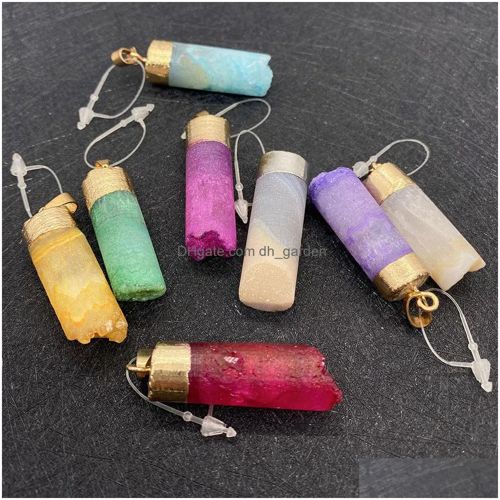 colorful druzy crystal stone cylindrical charms pendant for jewelry making chakra reiki healing green pink yellow pendants wholesale