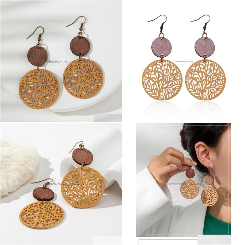 fashion jewelry dangle earrings for women vintage pu leather hollowed out carved flower round wood earrings