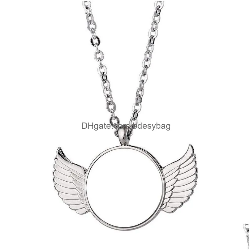 fashion sublimation blank necklace thermal transter angel wing round designer necklace jewelry for woman man silver plated pendant anniversary lovers
