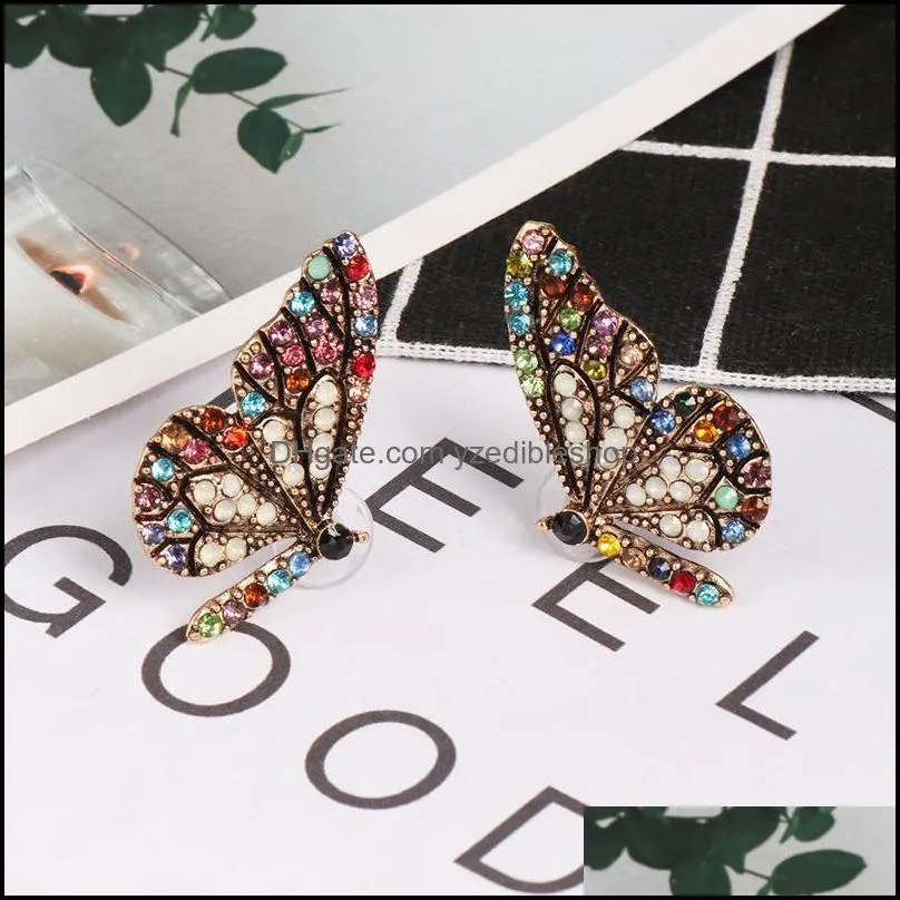 original color full glass butterfly wing stud earring nail with simple temperament crystal earrings 2019 exclusive design