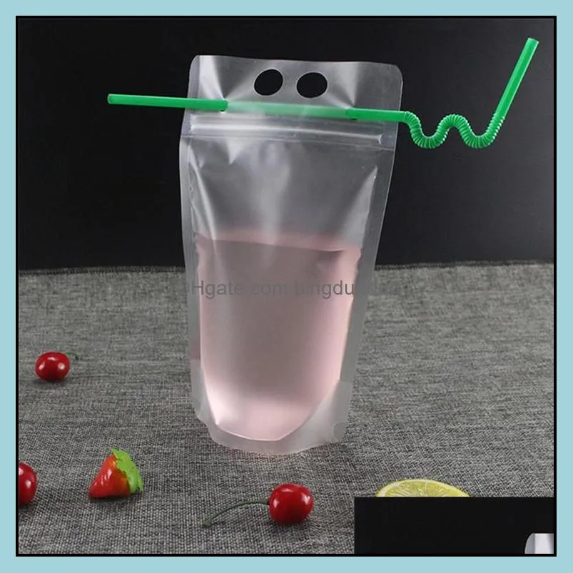 100pcs clear drink pouches bags frosted zipper standup plastic drinking bag with straw with holder reclosable heatproof for liquid