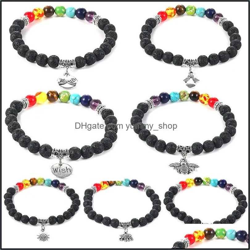 7 chakra lava stone beads bracelet bee heart love friendship elephant angel sunflower wish charm  oil diffuser yoga bracelet