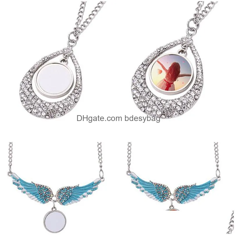 round sublimation blank gold necklace designer jewelry mens necklace woman party photo frame silver cross wing heart rhinestone pendant necklaces for women
