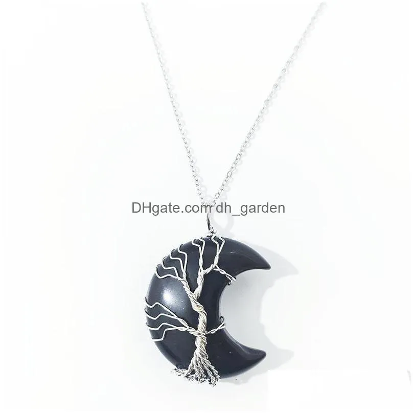 natural crystal crescent moon stone charms tree of life pendants roses quartz wire wrapped trendy jewelry making wholesale