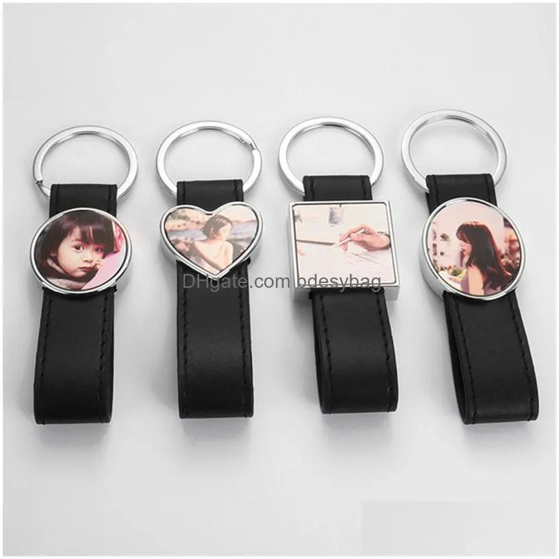 diy leather sublimation blank leather keychains thermal transter square round oval heart keychain photo frame keyring silver plated car key ring lovers