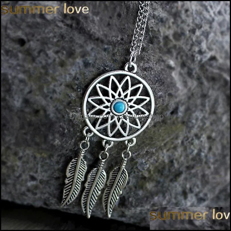 fashion dream catcher leaves pendant necklace antique silver color alloy long chain necklaces for women girl jewelry gifts