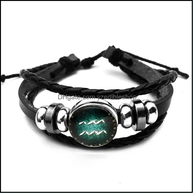 12 constellations multilayer bracelets glow in the dark diy handmade woven pu leather glass buckle zodiac braided bead bracelet lovers