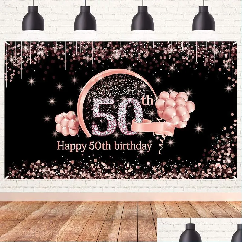 50th birthday banner decorations backdrop decor rose gold happy sign poster po booth props