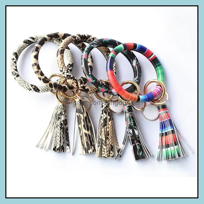 fashion women tassels bracelets bangle pu leather party wrap key ring leopard lily print keychain wristband sunflower drip oil circle keys holder chains