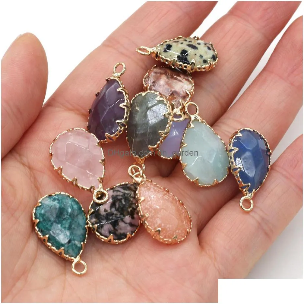 gold claw edge healing waterdrop natural stone charms rose quartz crystal pendant diy necklace women fashion jewelry finding 15x20mm