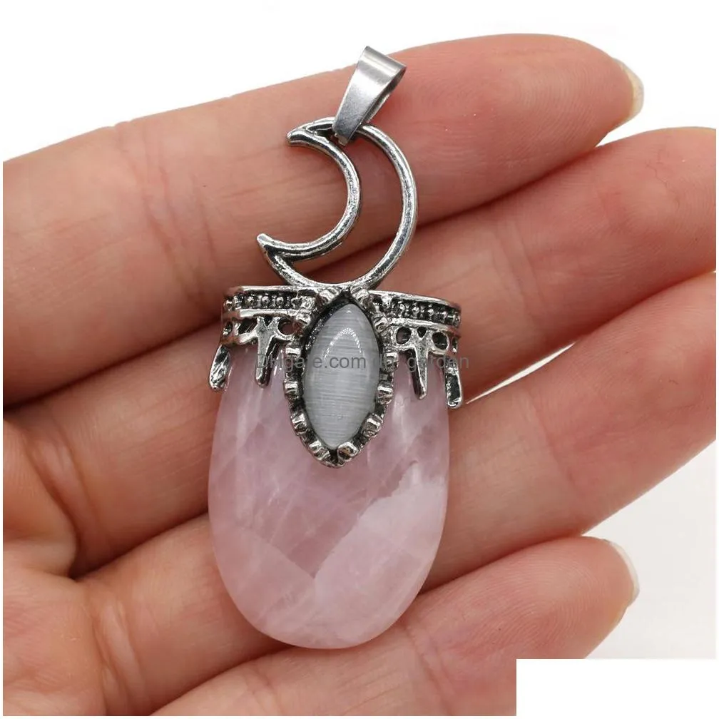 natural stone 7 chakra charms retro moon shape pendant rose quartz healing reiki crystal finding for diy necklaces jewelry 22x45mm