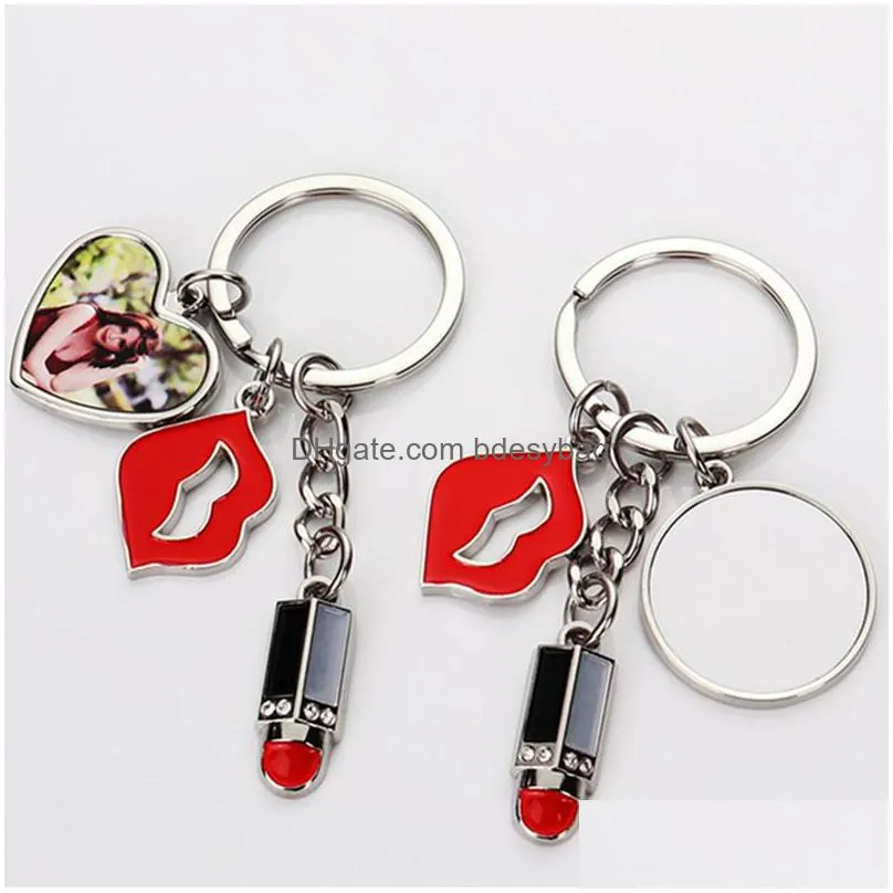 diy sublimation blank keychains red lip lipstick heart round alloy silver plated designer keychain for woman wallet handbag carabiner keychains car key rings