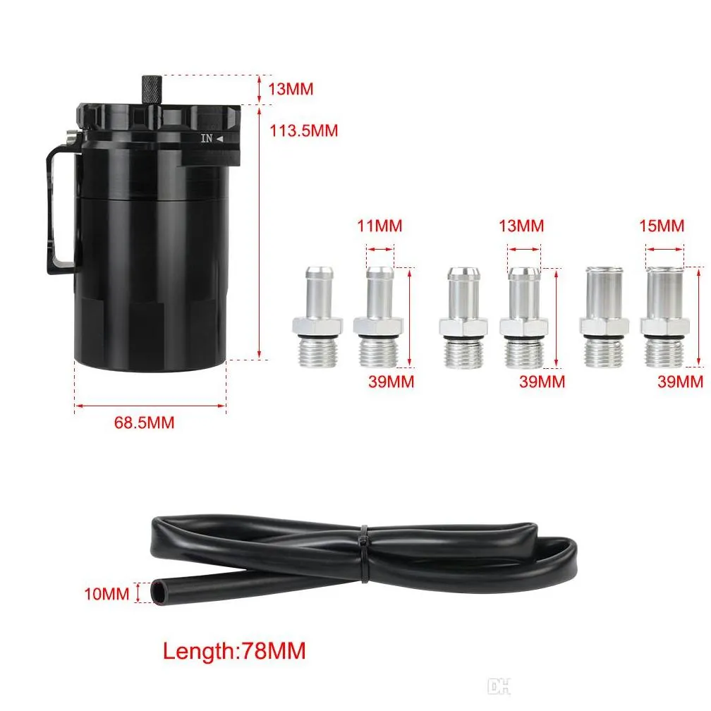 universal black baffled aluminum oil catch tank can reservoir tank with 11mm/15mm fittings and oil dipstick tk63