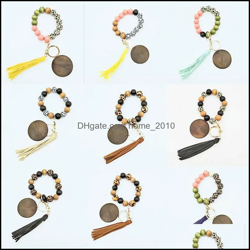 personalized high quality colorful wooden bead wrist stretch disc keychain tassel wristlet bracelet key rings silicone keys wood beads keyring women