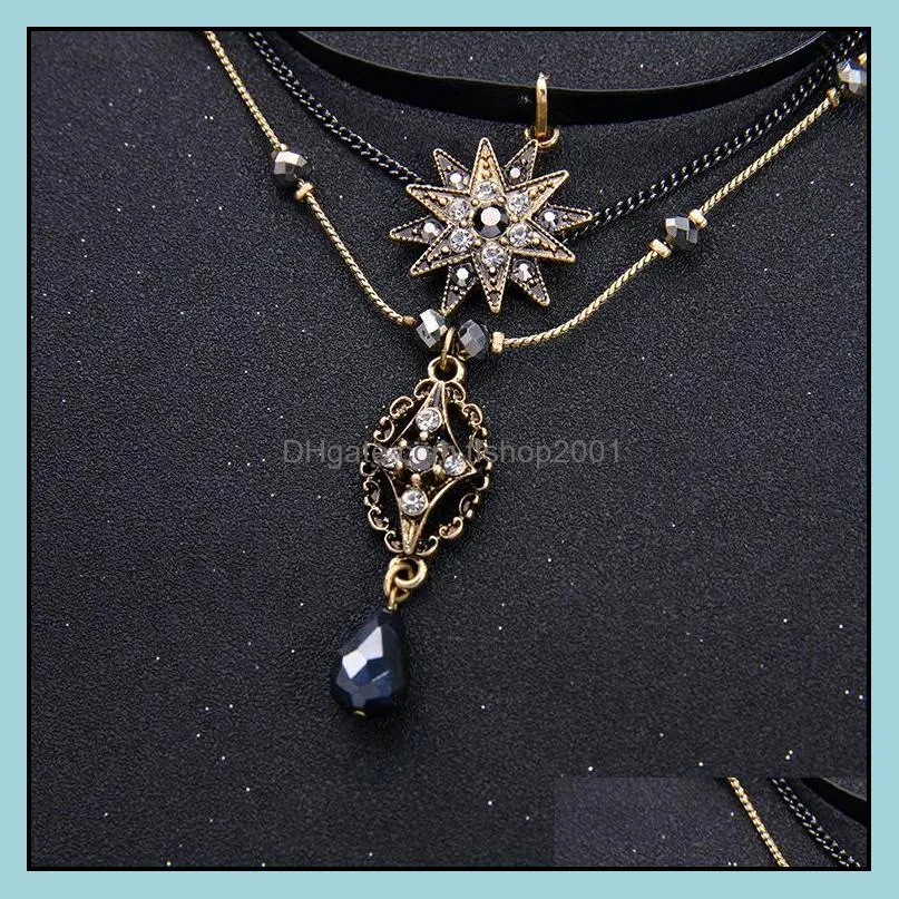 vintage rhinestones handmade multilayer necklace star crystal waterdrop retro boho style leather chock necklaces for women wholesale