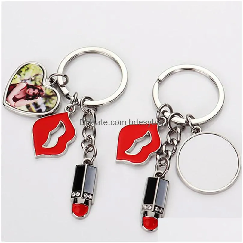 diy sublimation blank keychains red lip lipstick heart round alloy silver plated designer keychain for woman wallet handbag carabiner keychains car key rings