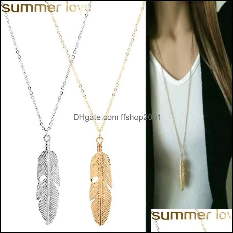 simple classic feather pendant necklaces long sweater chain statement jewelry choker necklace for women girls