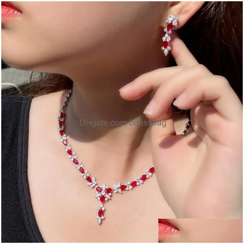 vintage ruby designer jewelry set copper necklace earring red aaa cubic zirconia bridesmaid bridal african silver jewelry sets for women wedding necklaces