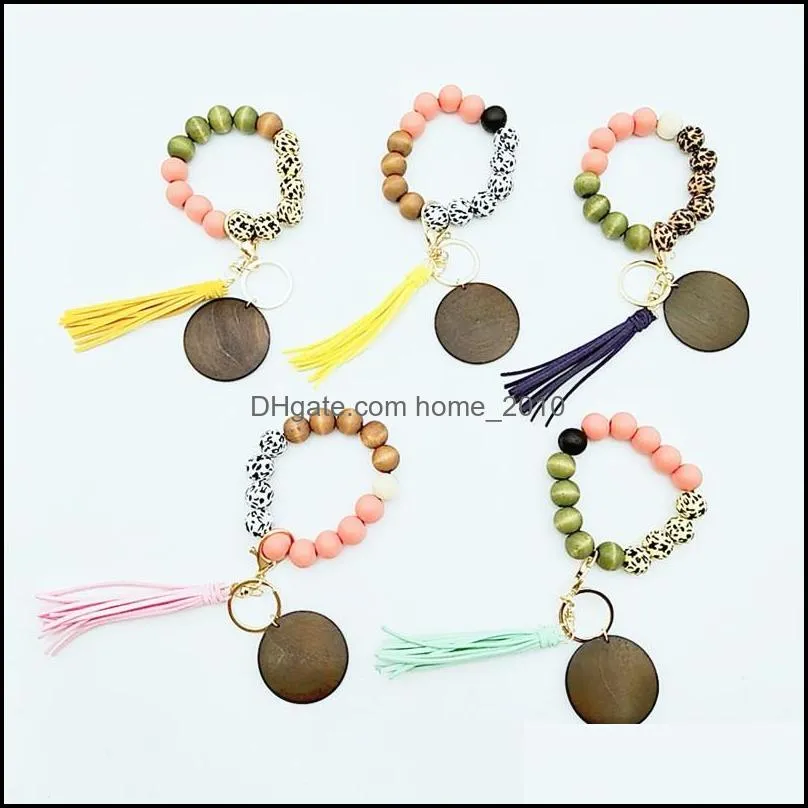 personalized high quality colorful wooden bead wrist stretch disc keychain tassel wristlet bracelet key rings silicone keys wood beads keyring women