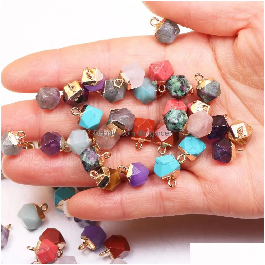 faceted square polygon shape natural stone charms healing rose quartz crystal turquoises jades opal stones pendant for jewelry making necklace bracelet