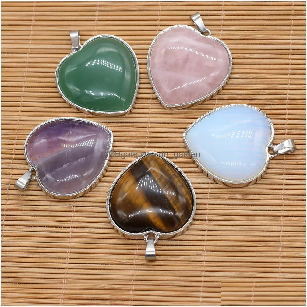 natural stone chakela heart charms seven chakras reiki healing chakra rose quartz crystal pendant for necklace jewelry making 32x35mm