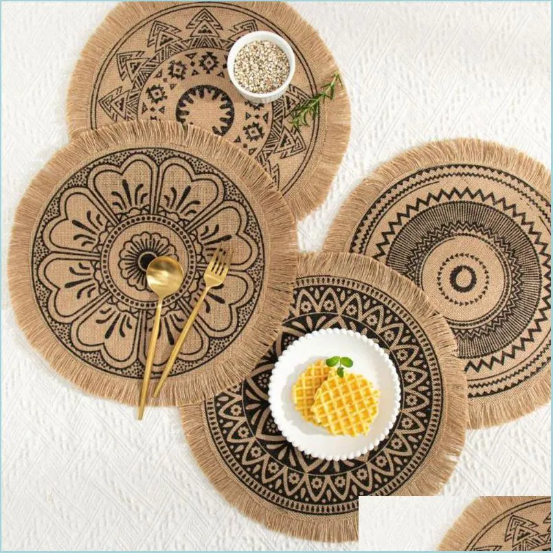 38cm retro round placemats jute woven placemat heat resistant nonslip coffee cup pad dining table tassel