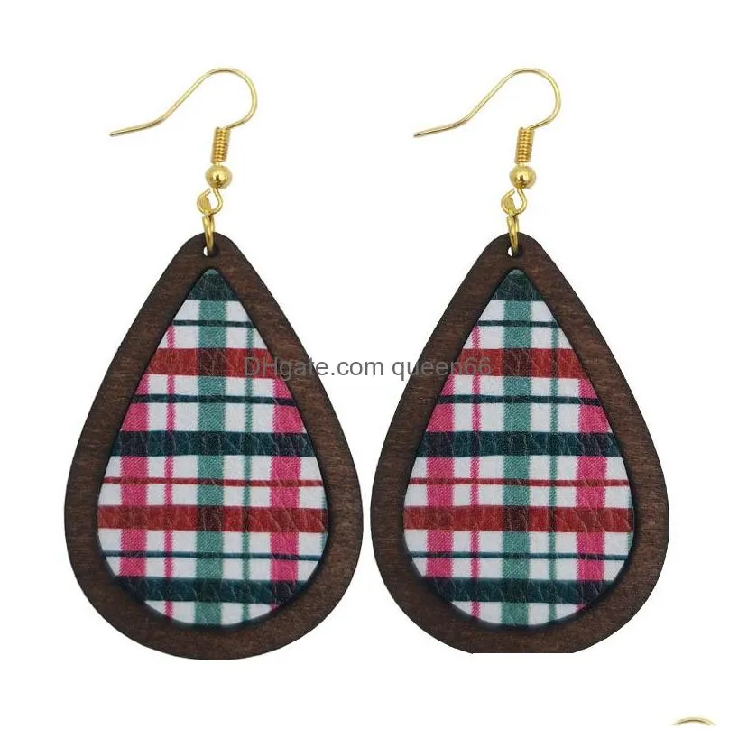fashion jewelry christmas pu leather wood earrings vintage faux leather water drop dangle earrings