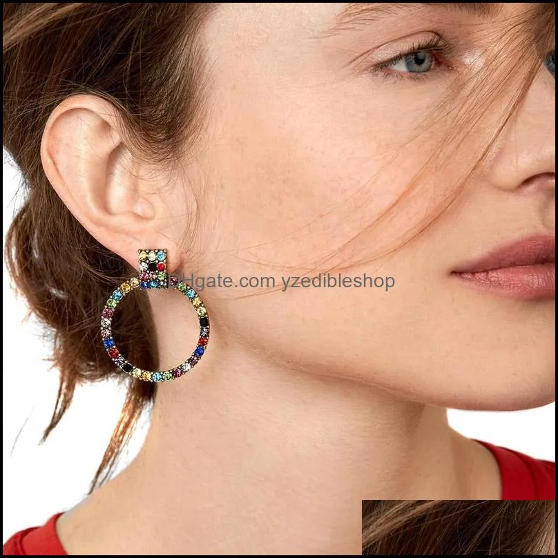 colorful crystal hoop earrings silver plated metal round circle shining rhinestone large hoop earrings for women high quality fashion