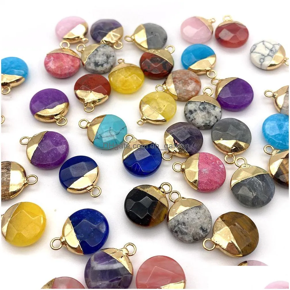 colorful crystal stone round charms pendant for jewelry making chakra reiki healing green aventurine pendants wholesale 15x19mm