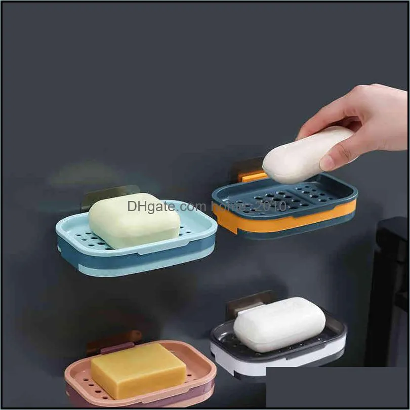 bathroom storage double layer drain wallmounted soap box plastic four colors waterproof leak proof sealed boxs portable soaps dish