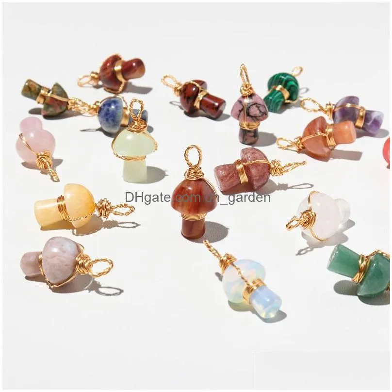 2cm mushroom statue natural crystal stone carving charms reiki healing gold wire wrap pendant for women jewelry making wholesale