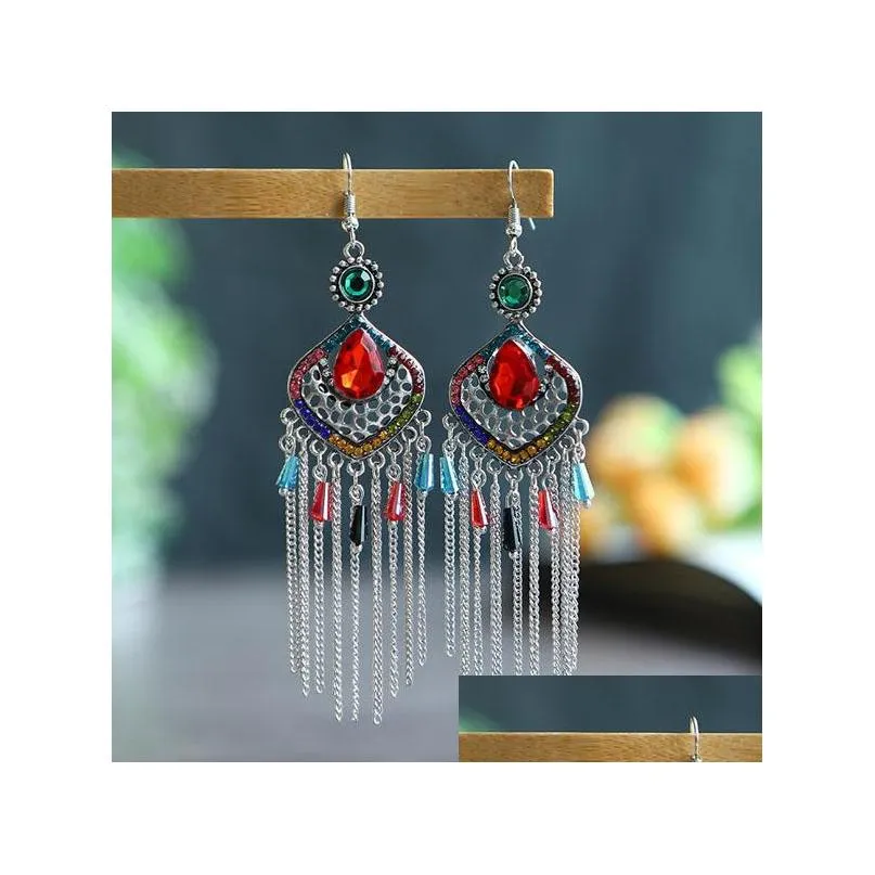 bohemian fashion jewelry retro earrings rhinstone chain tassels dangle earrings