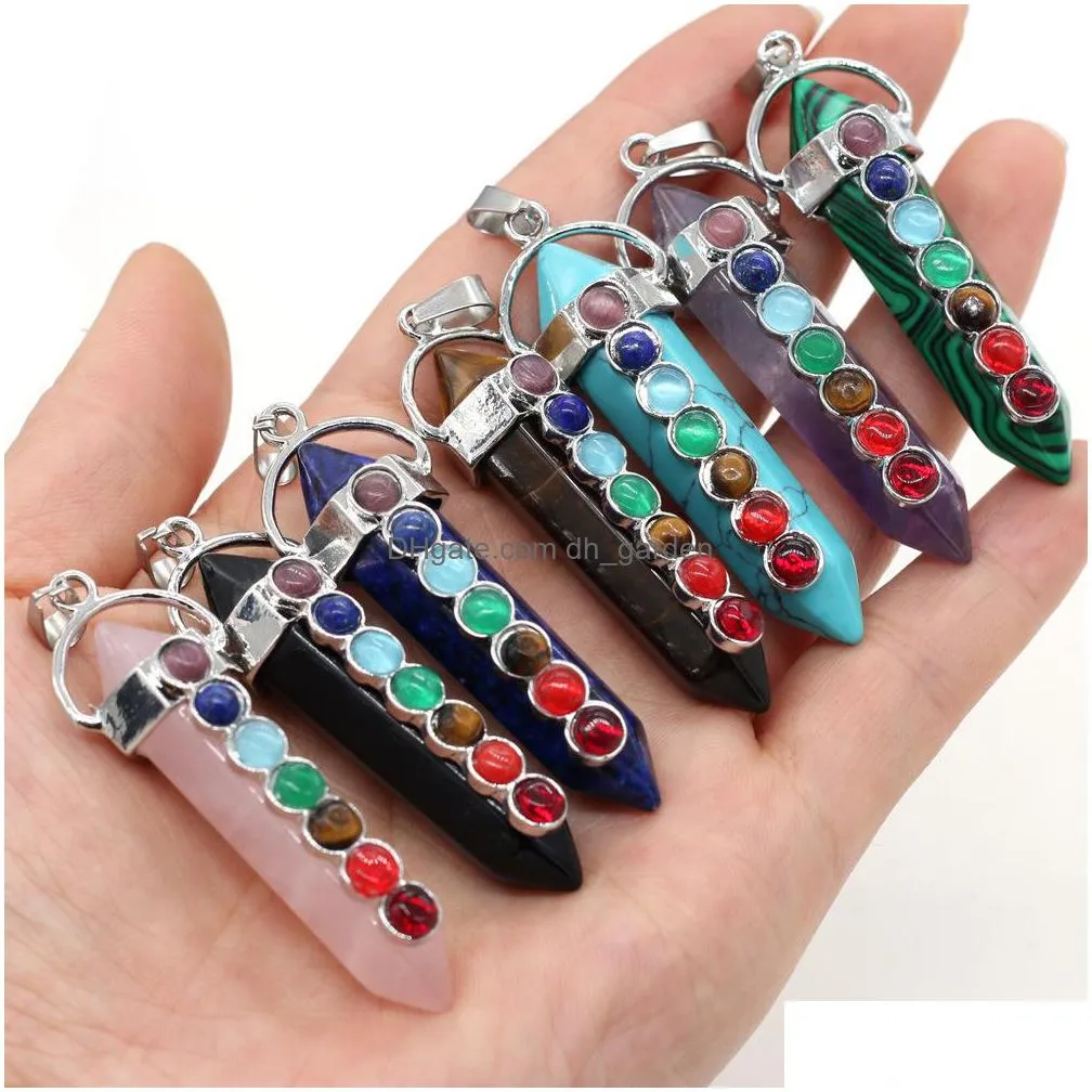 natural stone charms 7 chakra rhinestone rose quartz healing reiki crystal point pillar pendant finding for diy necklaces women fashion jewelry