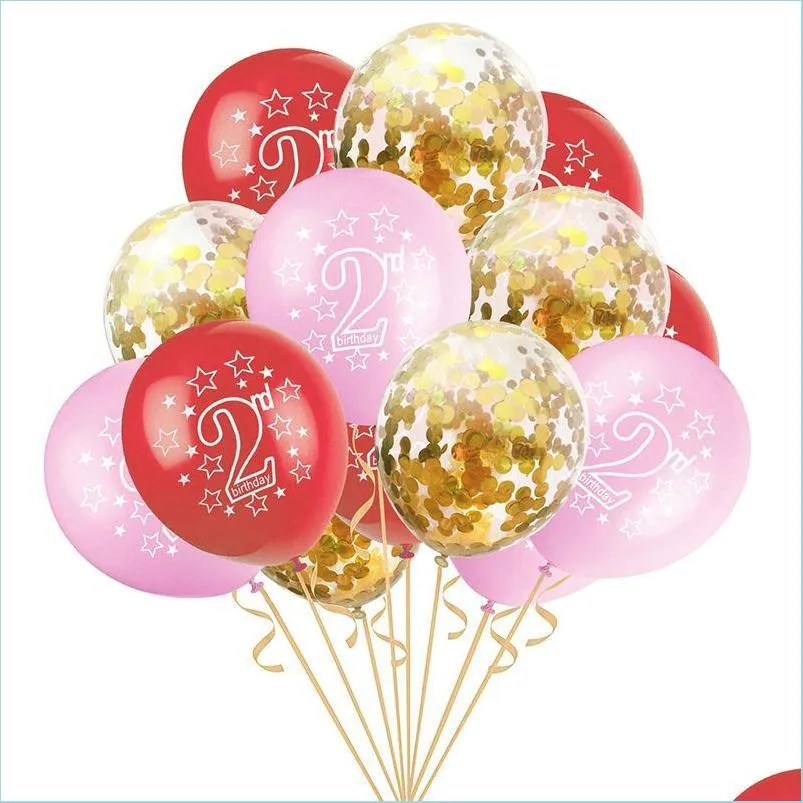 15pcs blue pink 2nd birthday latex balloons 2 year old number balloon kids happy confetti ballons