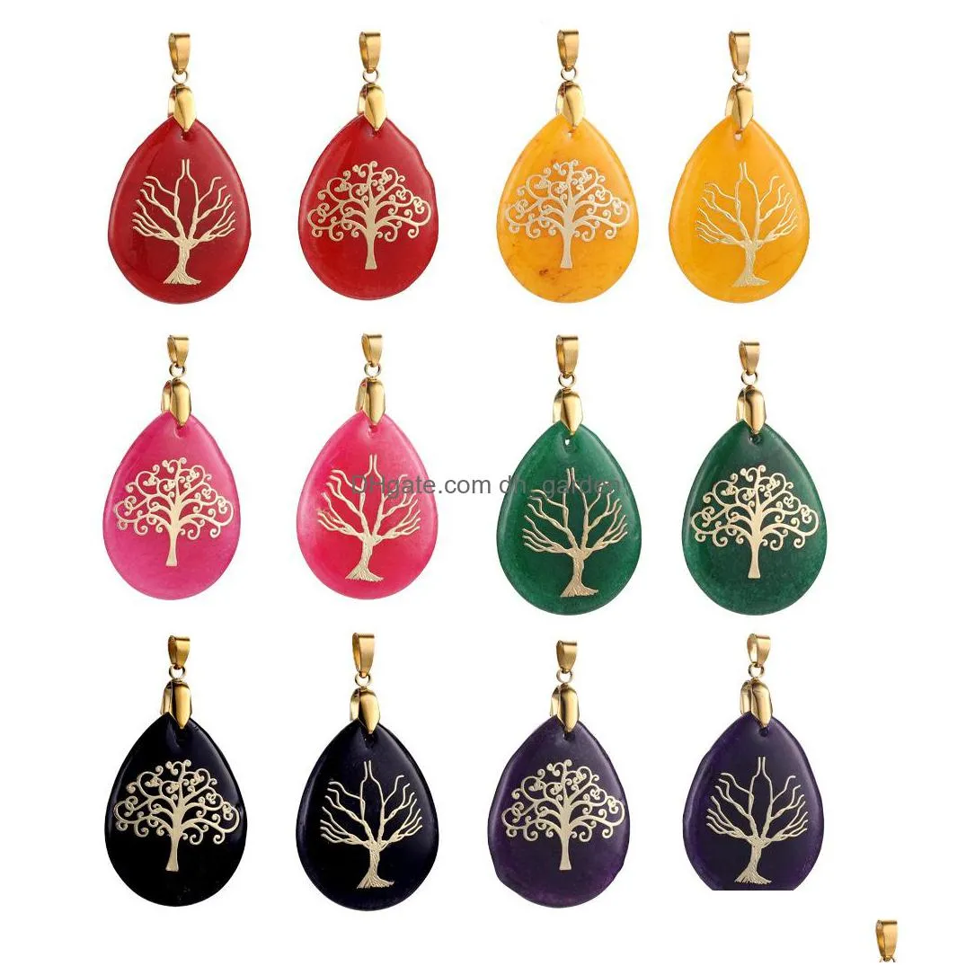 waterdrop stone charms reiki healing tree of life symbol quartz stones pendant for jewelry making necklace