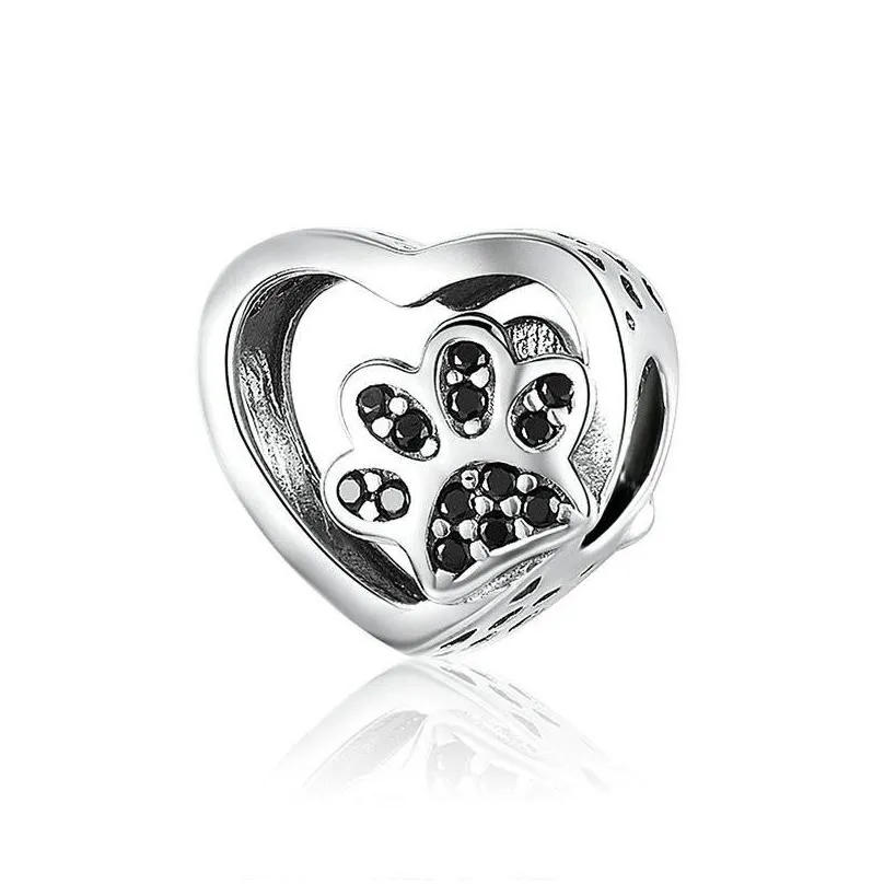 bamoer cat love heartshape charm 925 sterling silver paw footprints heart charms for bangle bracelet fine jewelry 1768 v2