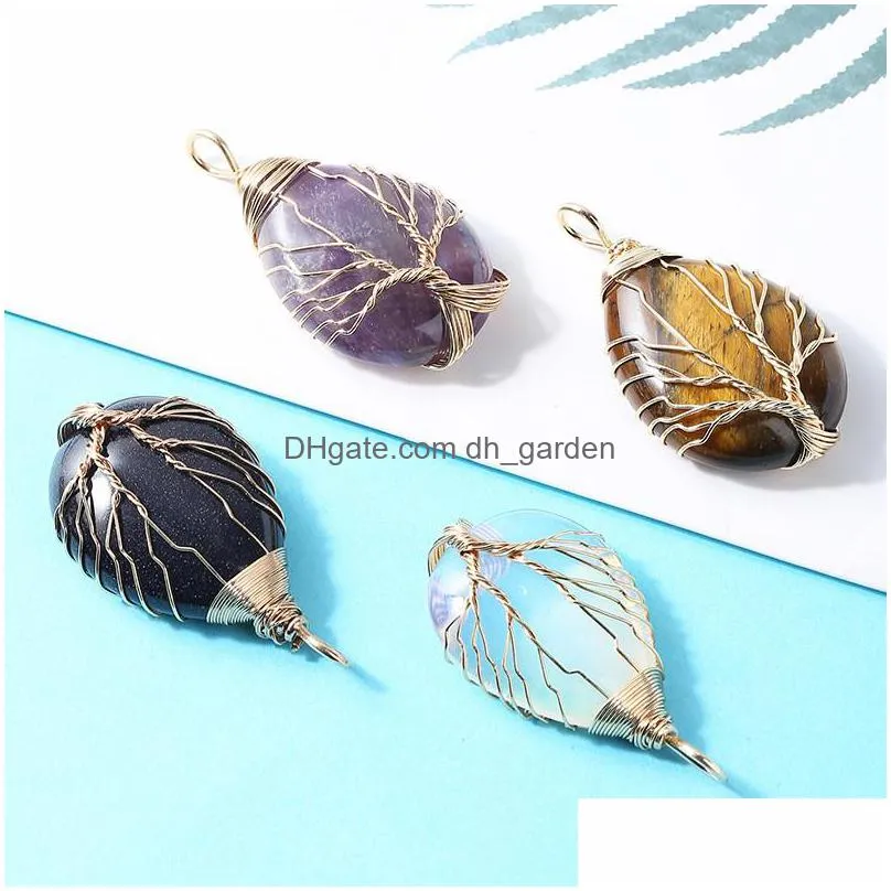 healing crystal natural stone waterdrop charms twine tree of life gold wire wrap pendant turquoise amethyst tiger eye rose quartz wholesale jewelry