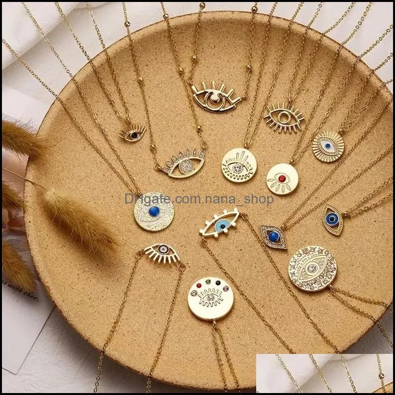 2020 fashion pendant necklaces ladies gold chain colorful rhinestone filled evil eye coin necklaces for women bohemian gold necklaces