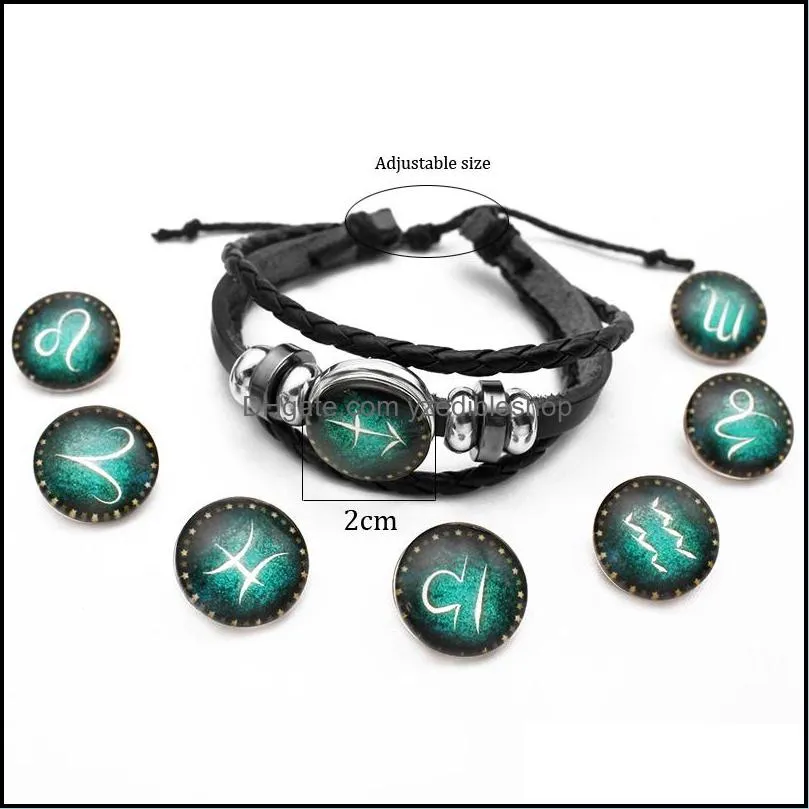 12 constellations multilayer bracelets glow in the dark diy handmade woven pu leather glass buckle zodiac braided bead bracelet lovers