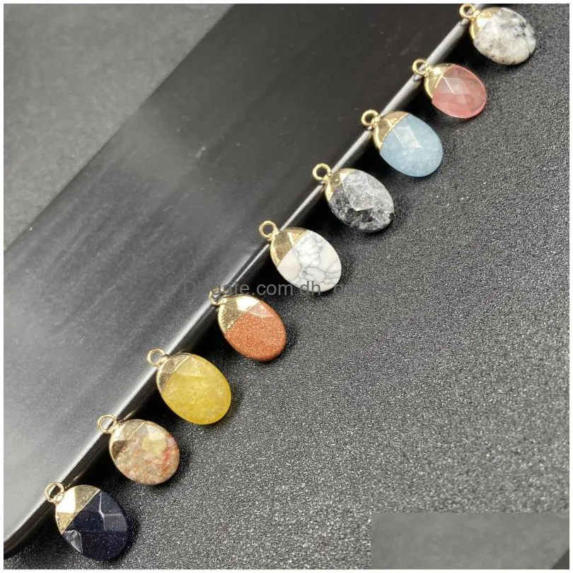 gold plating oval shape natural stone charms agate crystal turquoises jades opal stones pendant for jewelry making earrings necklace wholesale