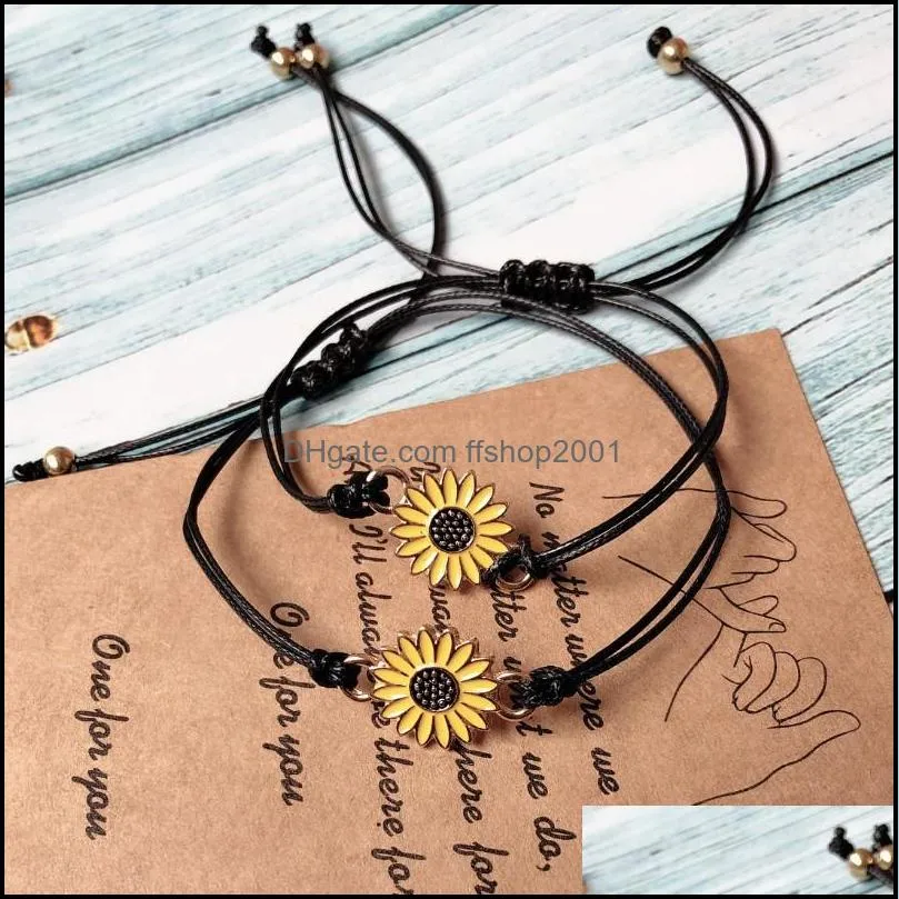 2pcs/set wish card rope bracelets for women couple wax rope sunflower charm bracelet with card christmas gift jewelry accessories