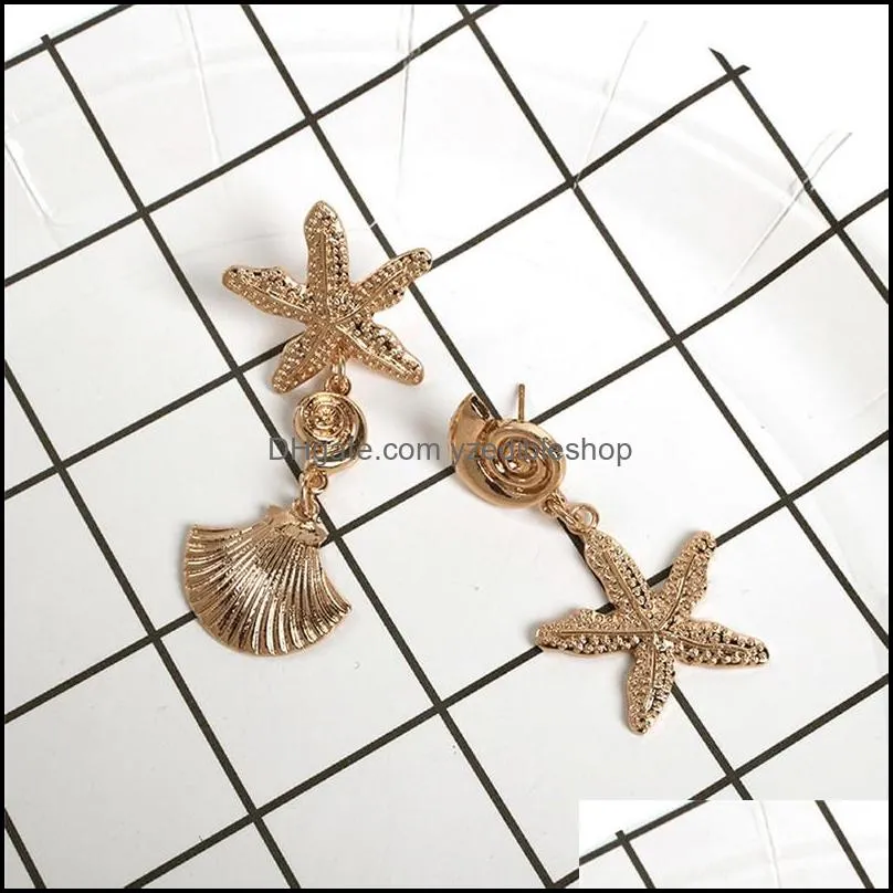 vintage starfish shell earring metal gold color shell asymmetry conch stud earrings geometric irregular pendant ear bohemia beach