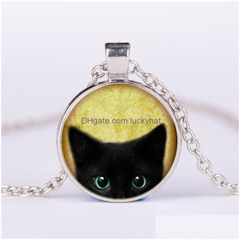 fashion jewelry vintage time gem cabochon black cat pendant necklace