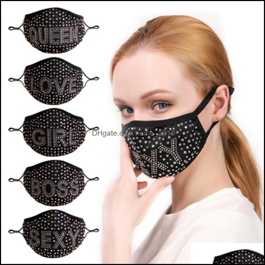 fashion letter dustproof masks bling diamond protective pm2.5 mouth washable reusable women colorful rhinestones shiny face classic black cotton3d filter