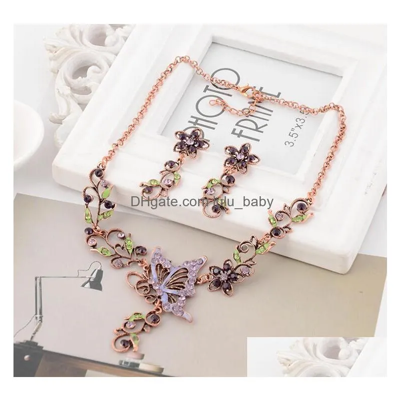 europe fashion jewelry sets vintage butterfly pendant rhinestone flowers elegant necklace earrings