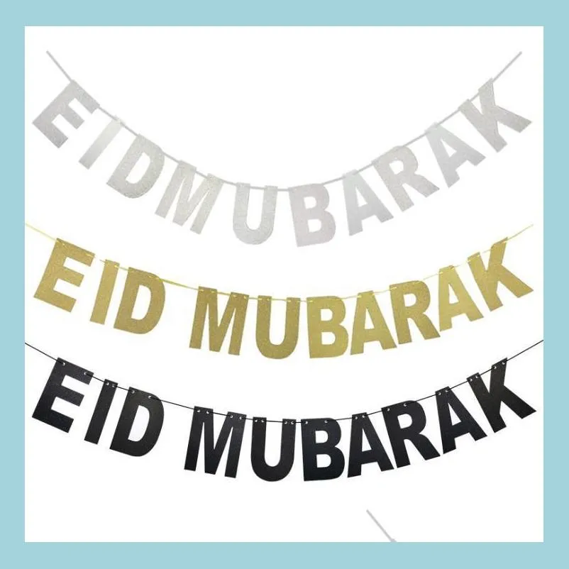 gold silver eid banner glitter paper garland mubarak muslim festival bunting ramadan sn570party