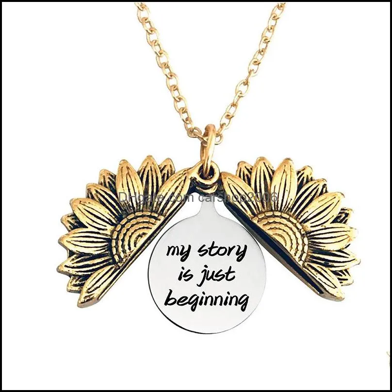 antique gold plated stainless steel pendant necklace open locket sunflower 2022 graduation season lettering intial necklaces