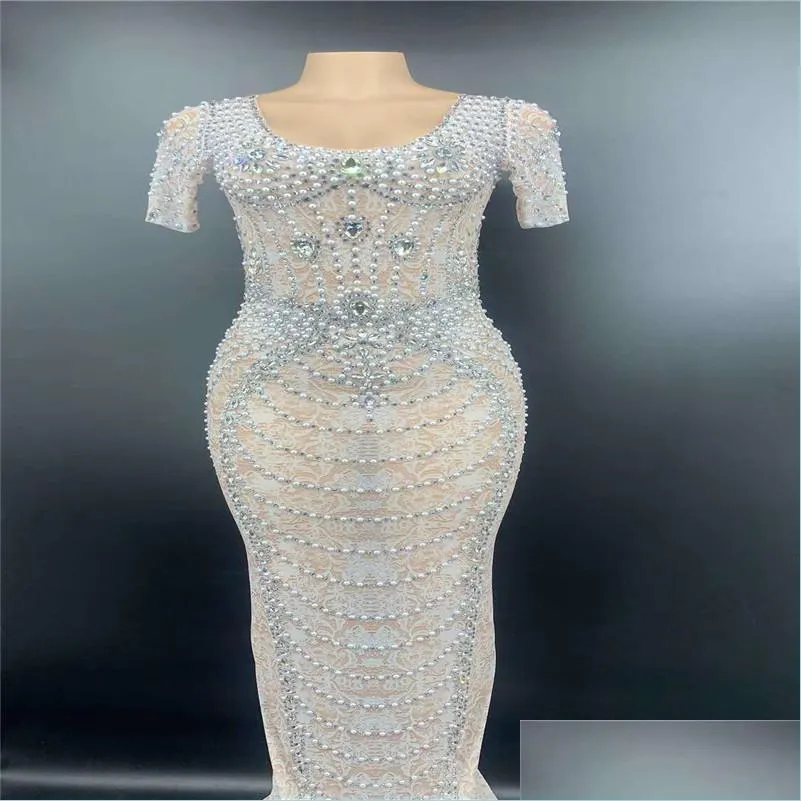 v69 catwalk performance show mesh rhinestones evening dress white pearl printing singer crystal skirt bar diamonds