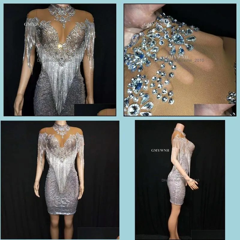 t94 ballroom dance stage costumes women perform rhinestones tassel dress crystal skirt singer wear outfit skinny clothe